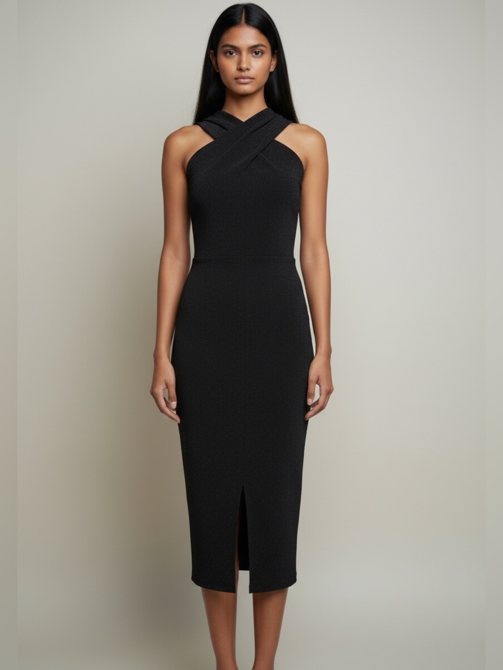 Cross-Neck Black Midi Dress